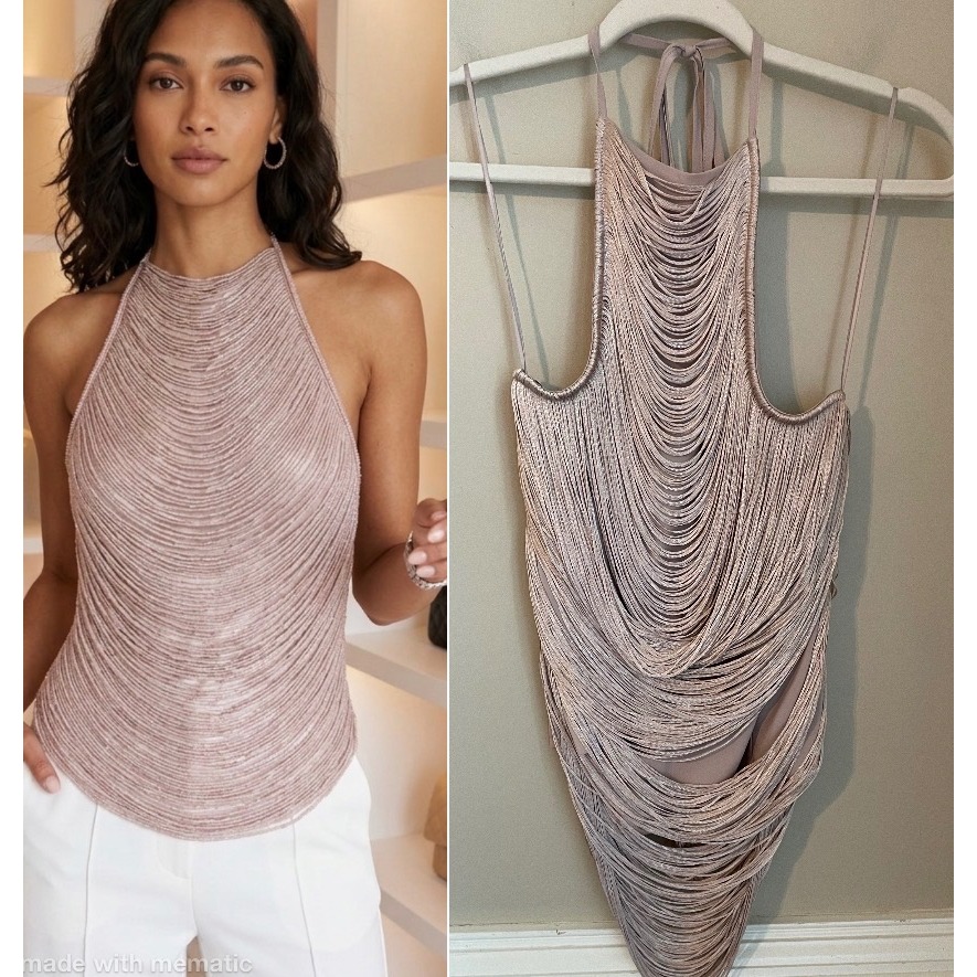 Zara Womens Size Large Fringe Halter Neck Top Pale Pink Nwt Glam Going Out Date